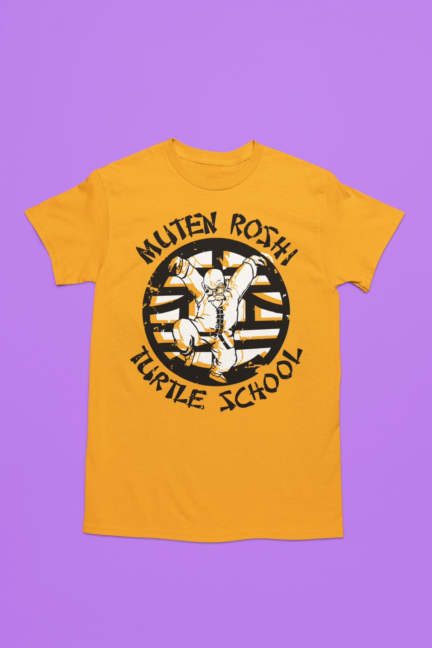 Camiseta naranja con estampado negro de Bola de dragón. El Icónico maestro Muten Roshi