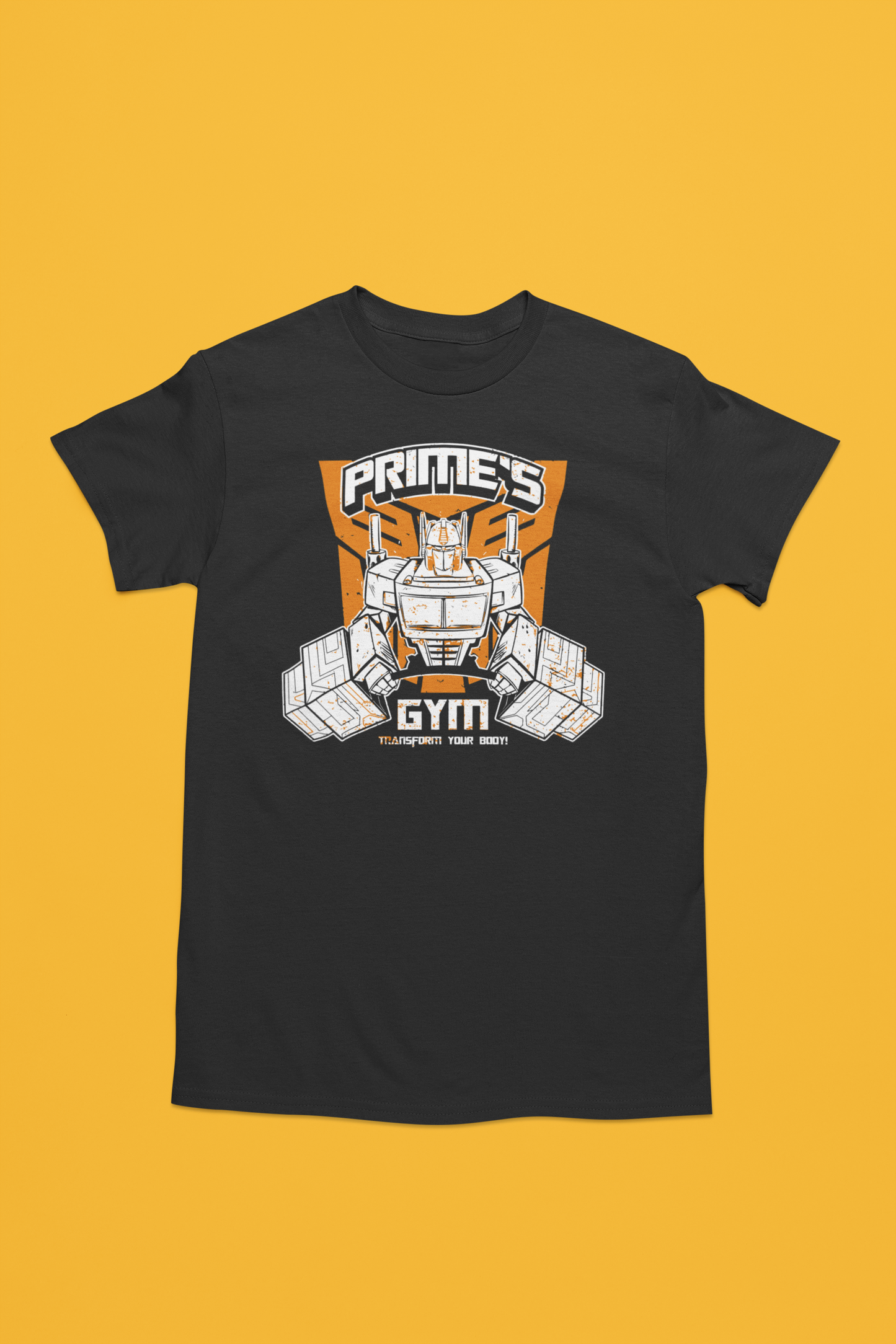 Camiseta negra unisex de algodón, ilustración de optimus prime sosteniende unas mancuernas, ideal para amantes del gimnasio y gente motivada en la transformacion del cuerpo