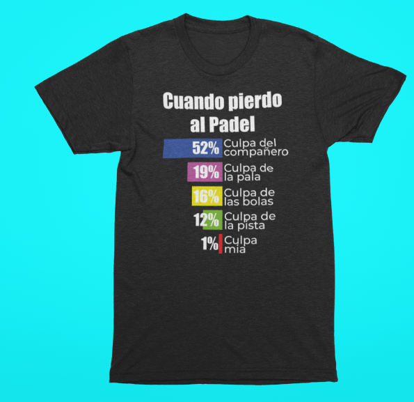 Camiseta negra con la frase “Cuando pierdo al Padel” y un gráfico de barras de colores que reparte la culpa de la derrota entre el compañero, la pala, las bolas, la pista y el propio jugador, protagonizado por el personaje ‘El Padelista Excuser’.