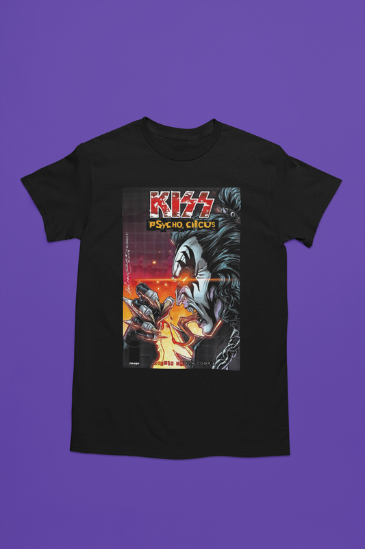 Camiseta negra con diseño de KISS "Psycho Circus", ilustración tipo cómic con personaje demoníaco y colores intensos en naranja y rojo.